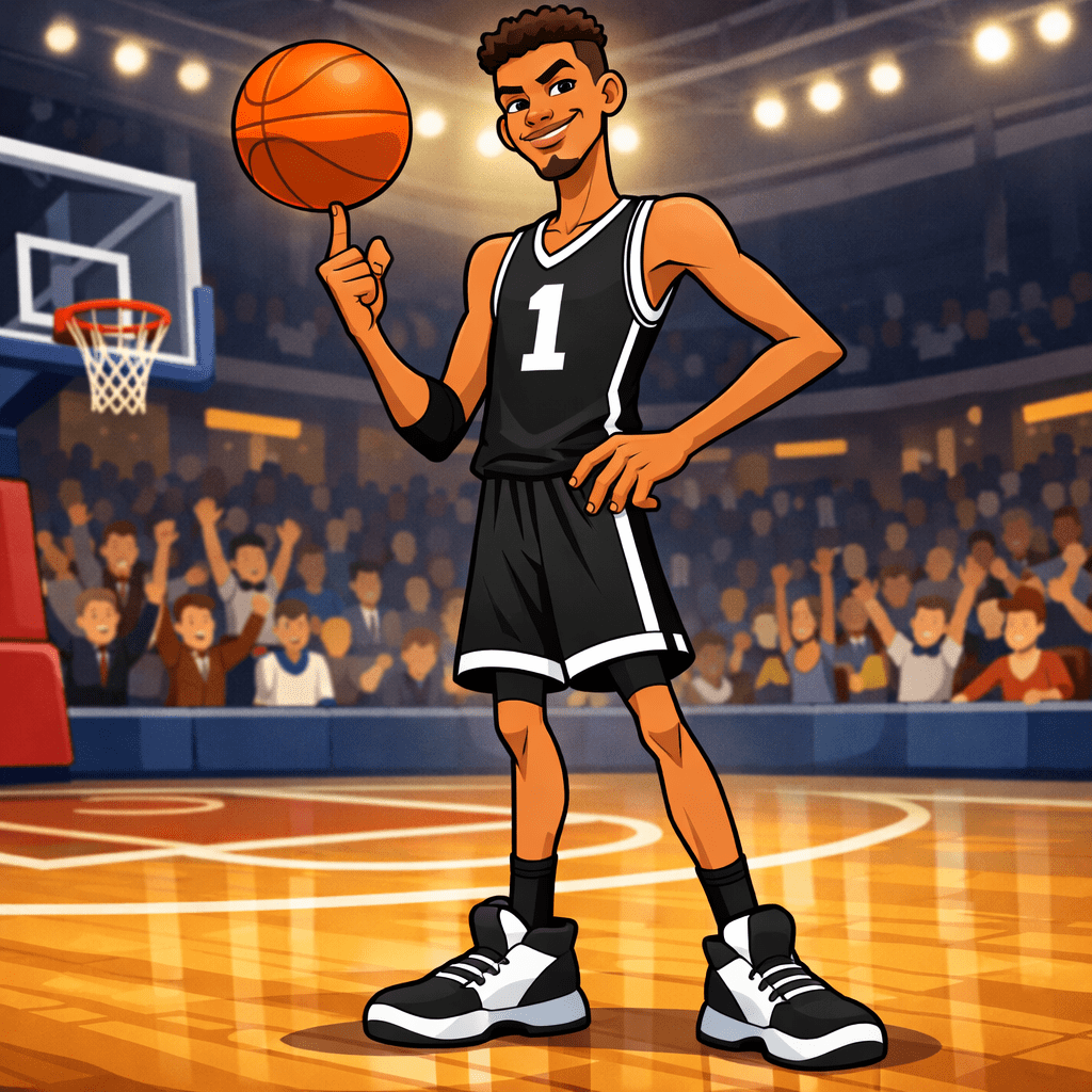 Basketball player in black uniform spinning ball on finger on court
